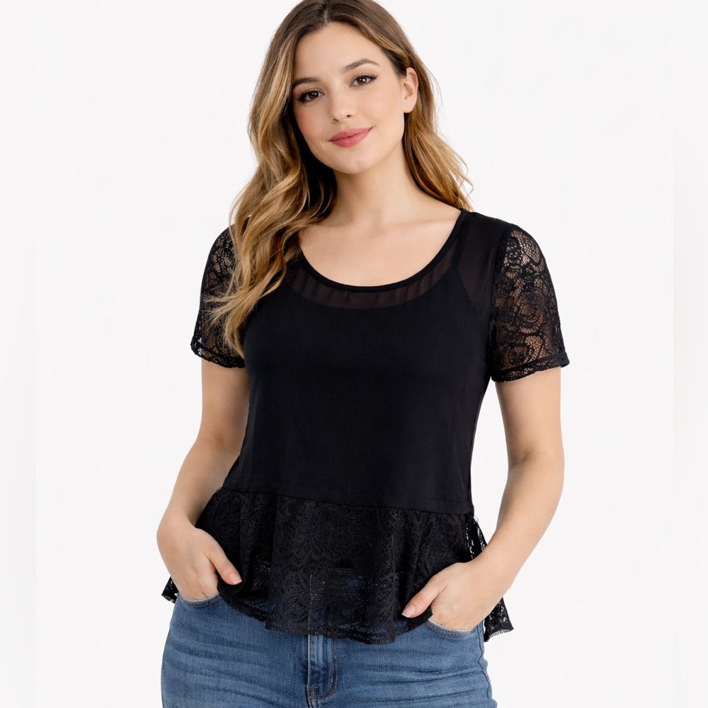 Love Culture Sheer Black Lace Peplum Blouse, NWOT, Small